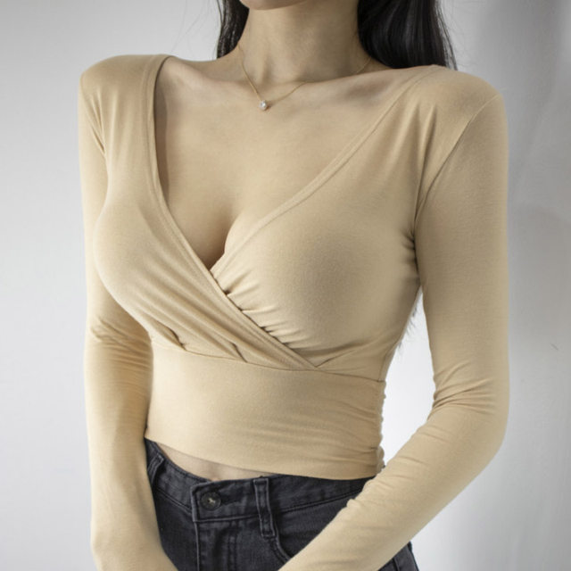 Purely Sensual and Sexy, Deep V-Neck Long-Sleeved T-Shirt for Women, Early Spring New Korean Style Slim-Fit High-Waisted Crop Top