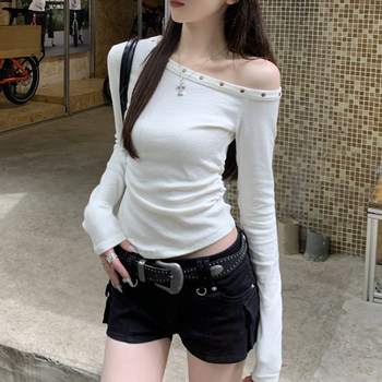 Trendy Korean Style T-Shirt with Unique Shoulder Design, Pleated Design, and Studded Details for Women, New Autumn Collection