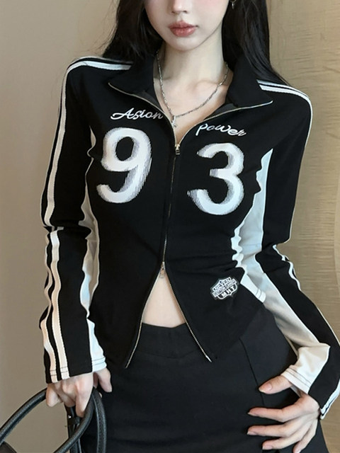 American Retro Style Short Jacket with a Cinched Waist and Stand-Up Collar for Women, Featuring a Double Zipper and Contrasting Colors, Super Stylish and Unique