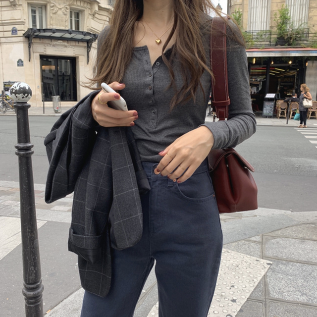 2025 Autumn Korean Style Base Shirt Half-Open Collar Chic Top Ribbed Solid Color Long Sleeve T-Shirt Women's Slim Fit Top