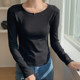 Basic White Round Neck Long-Sleeved T-Shirt for Women, New Autumn and Winter Style, Unique Curved Hem, Slim Fit, Short Top