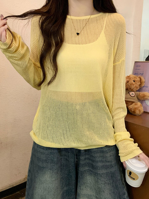 Sexy and Alluring Black Long-Sleeve Hollow-Out Knit Top for Women, Spring Thin See-Through Sun Protection Cover-Up, Loose Versatile Top