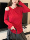 Stylish Red Long-Sleeve T-Shirt for Women, Unique and Chic Asymmetrical Shoulder Design, Trendy Spring Top