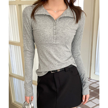 American Retro Polo Shirt, Right-Shoulder Long-Sleeved T-Shirt, Women's Early Spring Inner Layering Shirt, Sexy Design Button-Up Top