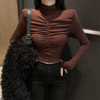 Korean-Style Simple Fleece-Lined Versatile Slim-Fit T-Shirt for Women, Autumn High-Neck Elegant Pleated Particularly Beautiful Waist-Cinching Top