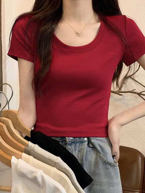 Burgundy Short-Sleeved T-Shirt for Petite Women, Showing Collarbone, Summer New Fashion, Low Round Neck, Regular Shoulder, Short Top ins