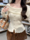 French-Style Sweet One-Line Neckline Ruffled Knit Top for Women, Spring Season, Button Design, Apricot Color, High-End Niche Top