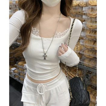 Square-Neck Pure and Alluring Long-Sleeve T-Shirt for Women, 2025 Autumn French Chic Lace Patchwork Short Crop Top ins