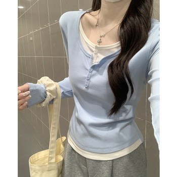 Korean Style U-Neck Buttoned Faux Two-Piece Long-Sleeve T-Shirt for Women, 2025 Autumn Design, Slim Fit, Chic and Unique Top