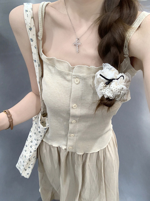 Square-Neck, Sweet and Elegant, Single-Breasted, Adjustable Strap, Women's Summer Crop Top with Ruffled Design for Outerwear