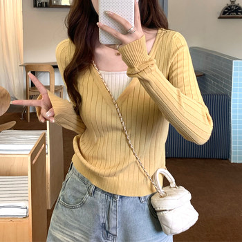 Korean Chic High-End Yellow Knit Sweater for Women 2025 Autumn and Winter V-Neck Simple Unique Beautiful Age-Reducing Top
