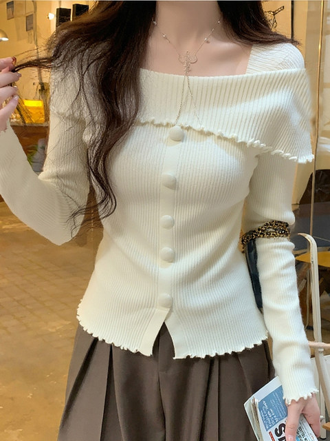 Korean Style Pure Desire One-Shoulder Slim-Fit Slimming Knit Sweater for Women, New Autumn Model with Unique and Exquisite Fake Two-Piece Design Top