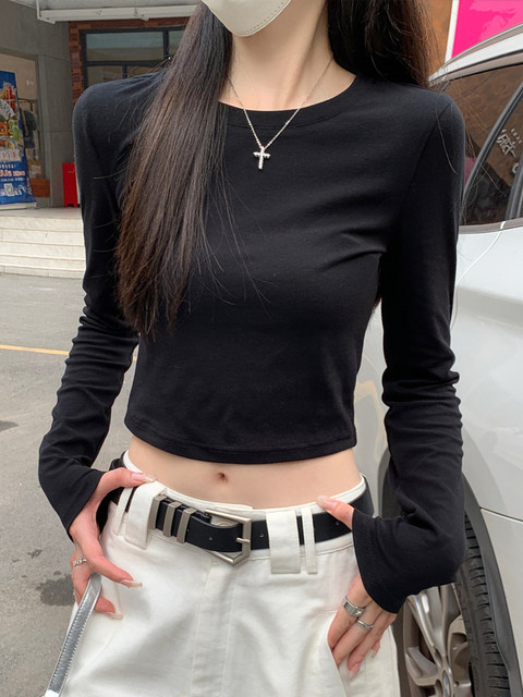 Solid Color Round Neck Slim Fit Long-Sleeve T-Shirt for Women, Early Autumn Base Layer, Pure and Alluring Style, Cropped and Simple Top