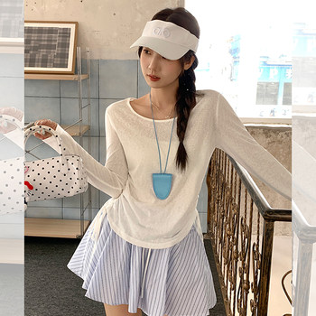 Pure Desire Round Neck Thin Semi-Sheer Sun Protection Blouse for Women 2025 Summer Drawstring Ruched Waist Long Sleeve T-Shirt Top ins