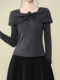 Dark Gray Stylish Floral T-Shirt for Women, Winter Ins Niche High-End Versatile Short Knit Base Shirt