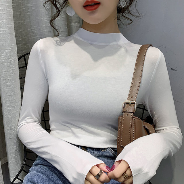 Half Turtleneck Base Shirt for Women 2024 Autumn New Basic Style Slim Fit Stylish Small Stand Collar Long Sleeve T-Shirt Women's Top