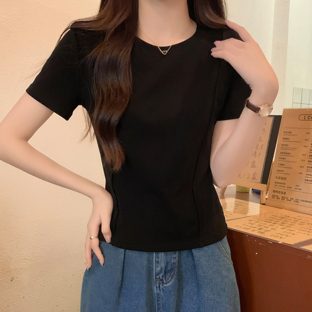 Designed Fishbone-Pattern Round-Neck Short-Sleeve T-Shirt for Women, New Summer Korean Style, White, Slim-Fit, Versatile Top ins