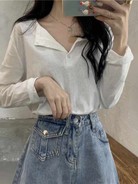 Korean Style Half-Open Collar Gray Long-Sleeve T-Shirt for Women, Early Spring New Style, Simple Casual Loose Fit, Regular Shoulder, Versatile Base Shirt ins
