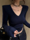 2025 Early Spring Elegant V-Neck Slim Fit Long-Sleeve T-Shirt for Women, Tight-Fitting Ruched Crop Top for Layering