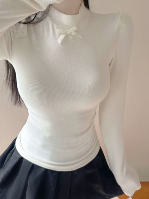Pure Desire White Half-High Collar Long-Sleeve T-Shirt for Women 2026 Spring New Sweet Spicy Girl Bow Slim Fit Top