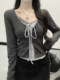 Niche Gray Lace Patchwork Top for Women, 2025 Autumn, Pure and Alluring Style, Petite Waist-Cinching Faux Two-Piece Short Top