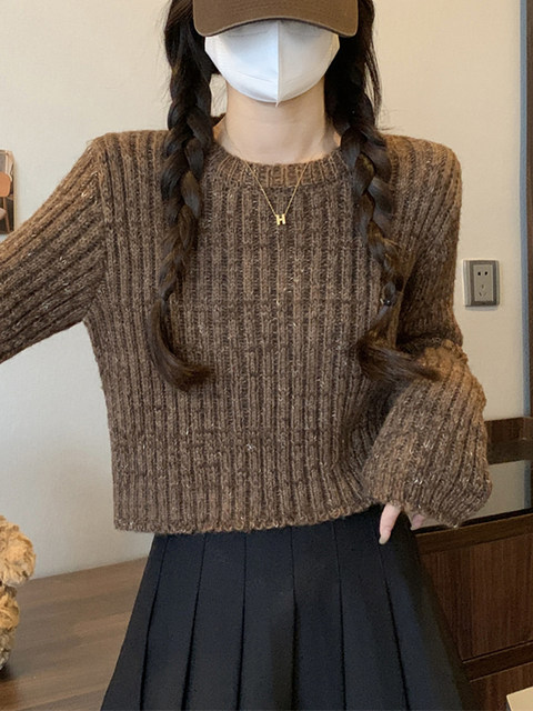 Korean Style Petite Lazy Style Knitted Sweater for Women, Autumn and Winter Versatile, Fine Shimmer, High-End Feel, Round Neck, Short Pullover Top