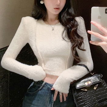 Niche Round-Neck Women's Sweater Base Shirt 2025 Autumn and Winter New Style Hot Girl Fleece-Lined Crop Top Long-Sleeve Outerwear