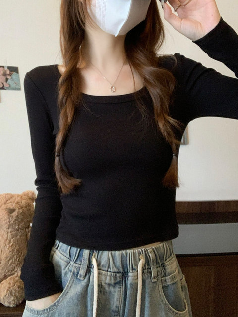Korean Style Simple Gray Round Neck Ribbed Long-Sleeve T-Shirt for Women 2025 Autumn and Winter Sweet and Spicy Girl Style Brushed Base Top