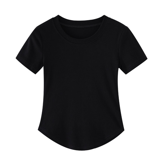 Hot Girl Black Short-Sleeved T-Shirt for Women Summer New Korean Style Slim Fit Irregular Round Neck Curved Hem Top Short Style