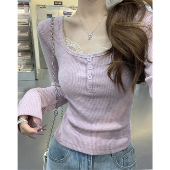 Petite Square-Neck Lace Patchwork Long-Sleeve T-Shirt for Women, 2024 Winter, Pure and Sweet, Button Design, Short Top