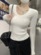 Korean Minimalist Style White Long-Sleeved Base Shirt for Women, Spring Simple Versatile Slim-Fit Knit T-Shirt with U-Neck Top