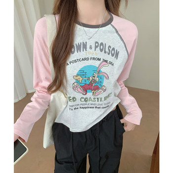 Sweet Girly Style Cartoon Print Color-Blocked Raglan Sleeve T-Shirt for Women, Round Neck, Loose Fit, High-End Feel, Unique Sun Protection Top