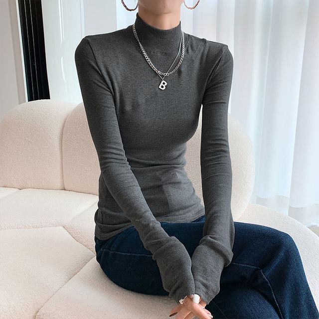 Chic Patchwork Half-High Collar Fleece-Lined Base Shirt for Women, 2023 Early Spring New Slim-Fit Brushed Long-Sleeve T-Shirt Top ins