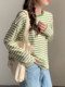Chic Red and White Striped Round Neck Long-Sleeved T-Shirt for Women, Early Autumn New Korean Style Pure Cotton Color-Blocking Casual Loose Base Shirt