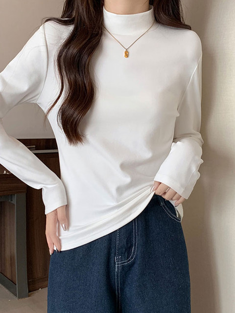 Casual Pure Color German Velvet Half-High Collar Long-Sleeved T-Shirt for Women, New Autum Style, Korean Style Brushed Thickeneded Warm Base Layer Shirt ins