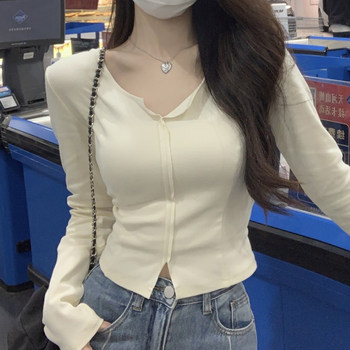 Half-Open Collar, Collarbone-Exposing, Straight-Shoulder, Long-Sleeved Base Shirt for Women, New Autumn Style, Petite, Patchwork, Slim-Fit, Slimming Top, Short