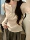 Korean Style Elegant Half-Open Collar Ribbed Long-Sleeve T-Shirt for Women, 2025 Autumn Design, Slim-Fit Base Layer Top