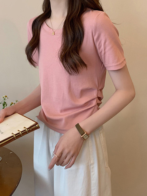 Summer 2025 New Korean Style Candy-Colored High-Waisted Short-Sleeved T-Shirt for Women with Irregular Design Short Top ins