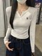 Gray Half-Open Collar Chic and Beautiful T-Shirt Base Layer for Women 2025 Autumn Embroidered Design Stylish V-Neck Slim Fit Top