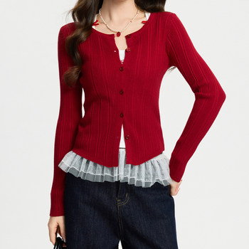 Stylish Red Knit Cardigan for Women, Spring Button-Up Slim-Fit Sweater, Short Jacket for New Year's Outfit