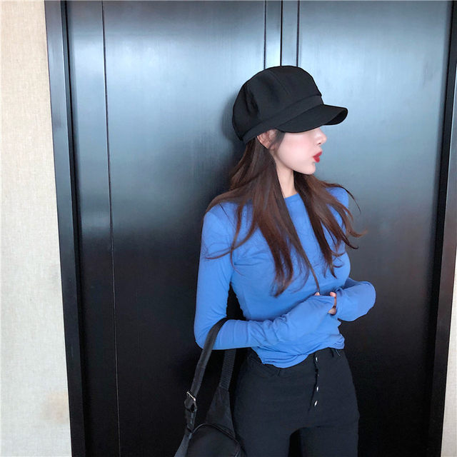 Solid Color Long-Sleeve T-Shirt for Women, 2024 Autumn New Korean Style, Round Neck, Ruffled Sleeves, Slim Fit, Slightly Sheer Base Shirt Top ins