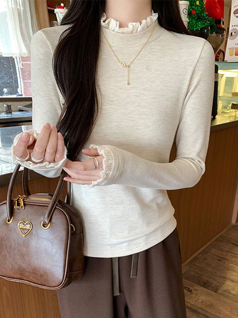 Brushed Half-High Collar Lace Trim Base Shirt for Women, Autumn French Style, Unique Slim-Fit Long-Sleeve Top