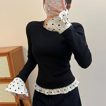 Color-Blocked Faux Two-Piece Polka Dot Lace Bell-Sleeve T-Shirt for Women, Spring Long-Sleeve Slim-Fit High-End Niche Unique Top