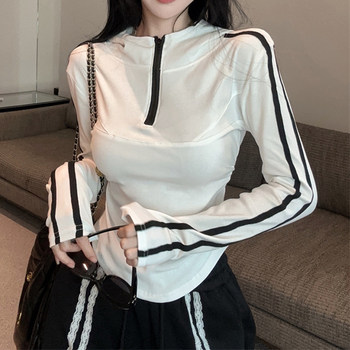 Short Design Hooded Long-Sleeved T-Shirt for Women 2025 Autumn Hot Girl Pure Desire Slim Fit Curved Hem Zipper Top