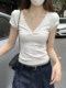 Pure and Alluring Style, Slim Fit Women's Clothing, 2025 Summer Button-Up V-Neck T-Shirt That Exposes Collarbones, Spicy Girl Vibe, Versatile Top