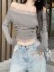 European and American Sexy Hot Girl Style Off-Shoulder T-Shirt for Women 2025 Early Autumn Spliced Lace Trim Short Bm Top