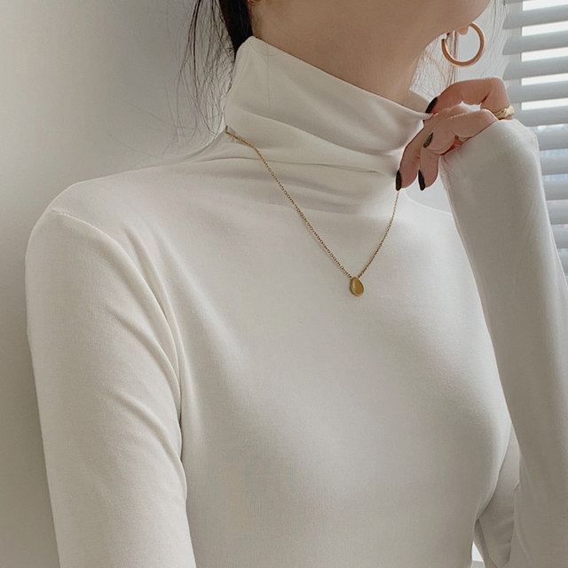 High-Neck Base Shirt for Women, 2024 Autumn and Winter New Style, Stylish Inner Wear, Brushed Thin Velvet White Long-Sleeve T-Shirt for Women ins