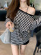 Korean Style Loose Striped T-Shirt for Women 2025 Autumn Sexy Off-Shoulder Mid-Length Long-Sleeve Top