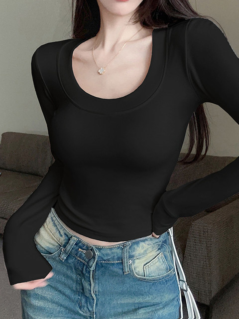 Pure Desire Hot Girl Slim Fit Long Sleeve T-Shirt for Women 2025 Autumn Pink U-Neck Elegant Versatile Simple Short Top