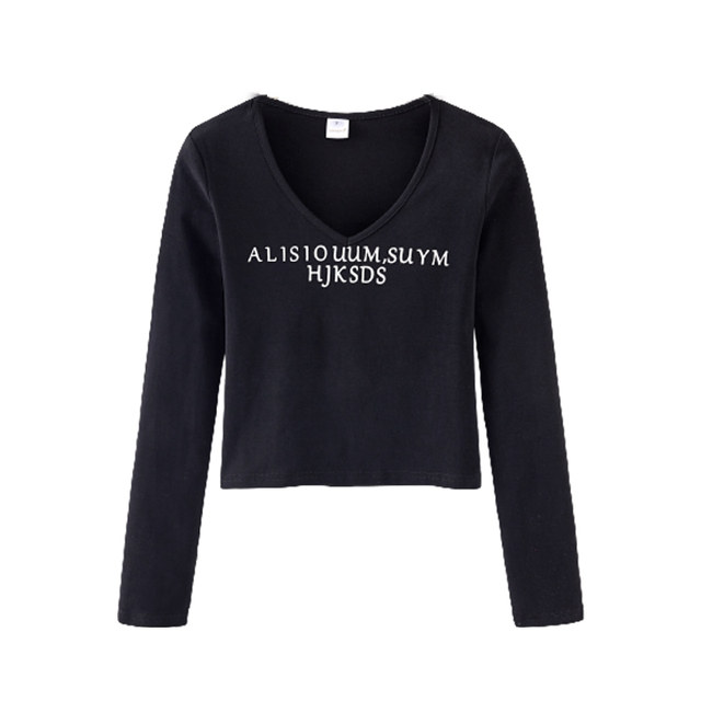 Pure Desire Style V-Neck Collarbone-Exposing Long-Sleeve Base Shirt for Women 2024 Autumn Hot Girl Letter Print Slim-Fit Short Top